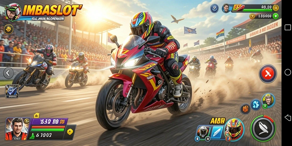 Screenshot utama IMBASLOT yang menampilkan serunya balapan motor.
