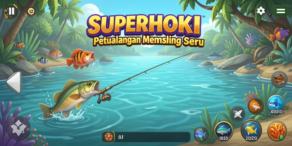 Tampilan gameplay <strong>SUPERHOKI</strong> yang mendebarkan saat memancing di laut.